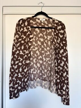 LOFT Brown and Cream Open Knit Cardigan 100% Merino Wool